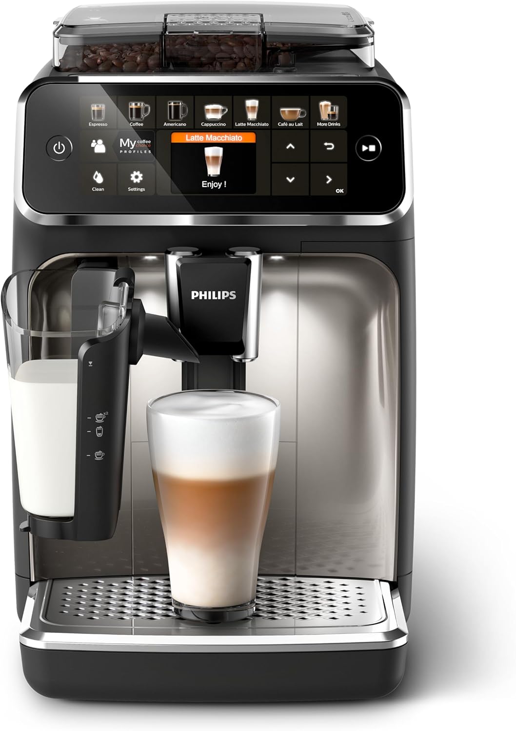 Philips LatteGo Series 5400 Fully Automatic Coffee Machine, 12 Drinks, Milk Frother, Touch Screen, 4 Profiles, Chrome Finish (EP5447/90)