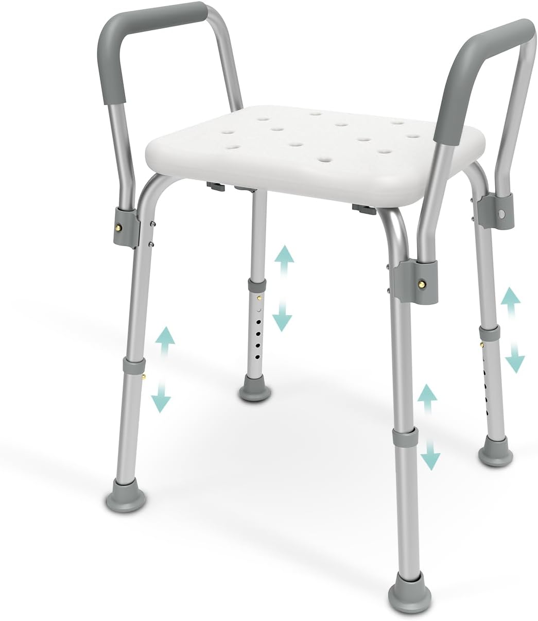 EMKE Store EMKE Shower Chair for Seniors with Armrests, Height Adjustable Shower Stool for 136 kg, Stable for Shower and Bath, Comfortable Bath Stool for Seniors