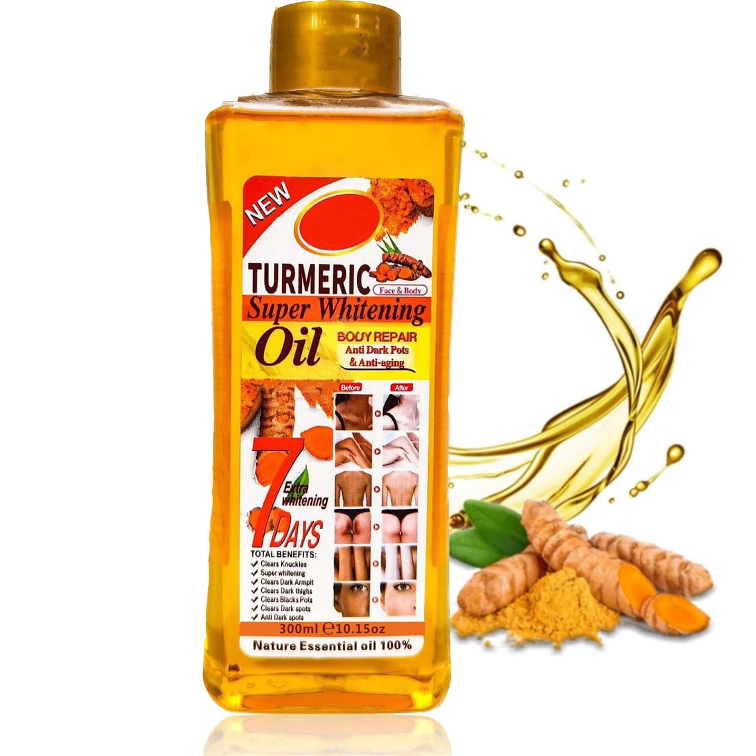 Woranb Kurkuma Super Whitening Oil 300ml, Kurkuma Honigöl, Aufhellendes ätherisches Öl für alle Hautpflege, Natürliches Kurkumaöl Feuchtigkeitsspendendes Pflegeöl Für Gesicht Und Körper Für Alle Hauttypen