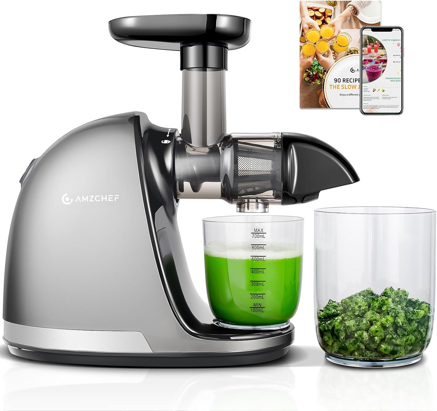 AMZCHEF Slow Juicer Vegetable and Fruit Professional Juicer with Quiet Motor & Reverse Function & Juice Jug & Cleaning Brush (150 watt/Silver)