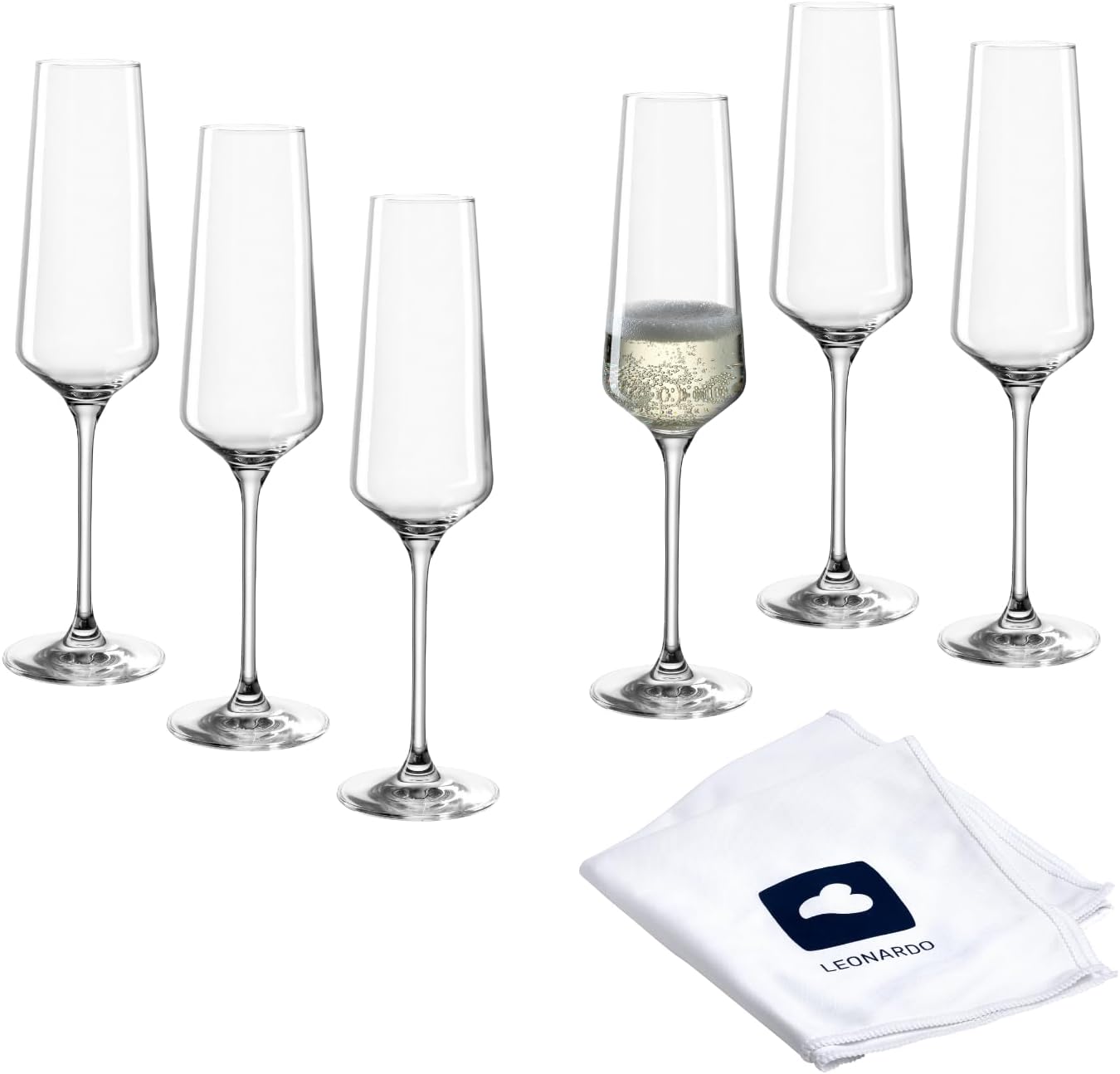 LEONARDO HOME Puccini Champagne Glasses (Set of 6) with Polishing Cloth • Dishwasher Safe Prosecco Goblets (280 ml) • Shockproof & Suitable for Everyday Use • 040979
