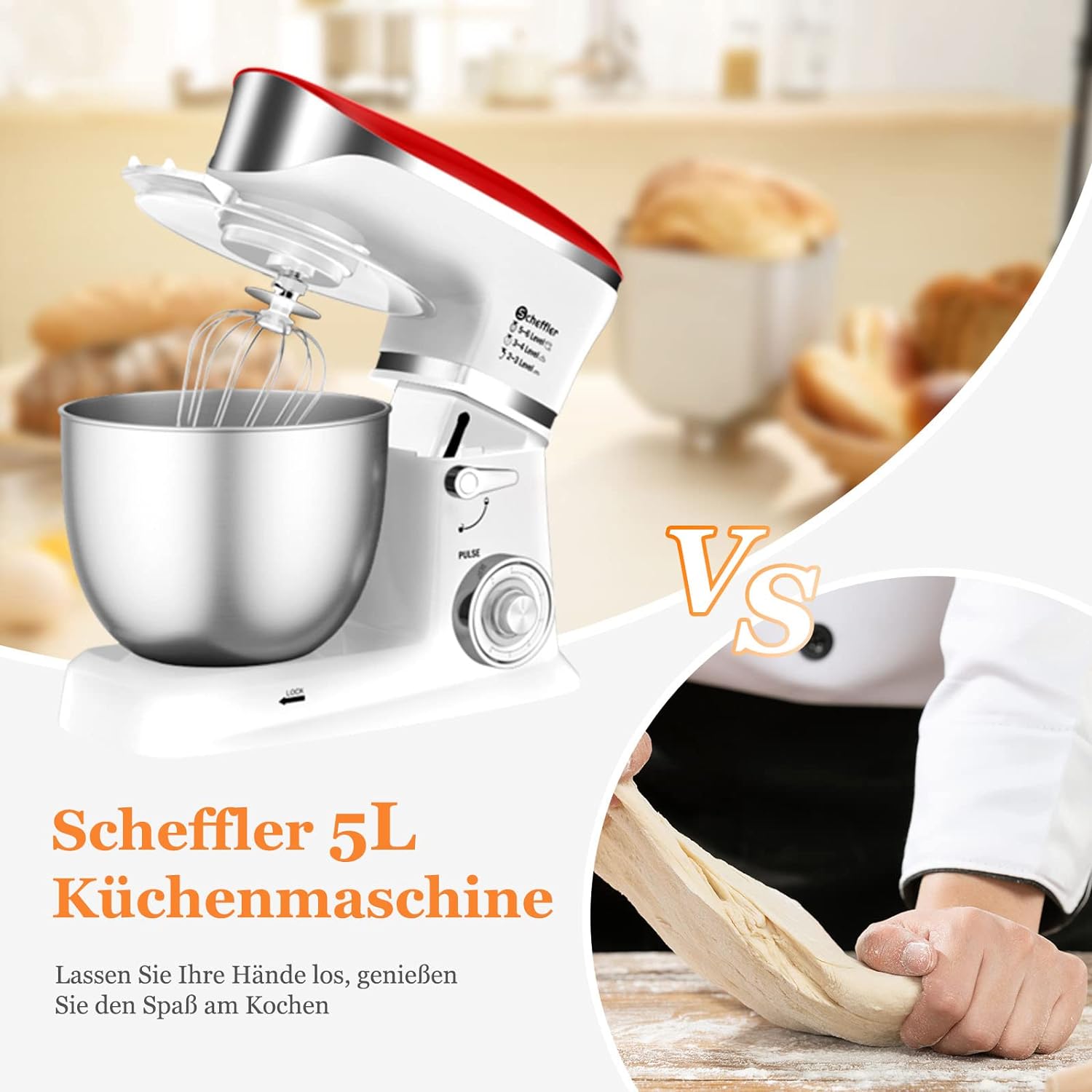 Scheffler Food Processor 2000 W Kneading Machine, 5 L Food Processor XL, Dough Machine, 6 Speeds, 8 Other Accessories Included, Dough Hook, Flat Stirrer, Whisk (5L-Red & White)