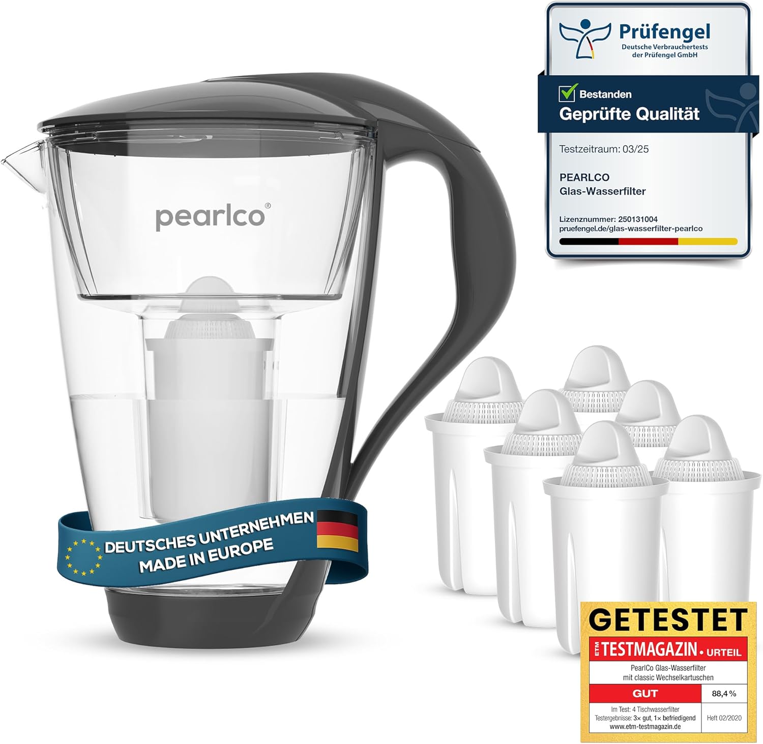 PearlCo Glass Water Filter (Anthracite) Glass Jug with 6 Classic Filter Cartridges - Reduces Limescale & Heavy Metal - Protects Devices - Better Taste of Coffee & Tea - Made in EU