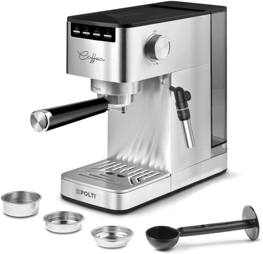 Polti Coffea P10S Manual Espresso and Cappuccino Machine, Suitable for Ground Coffee and 44 mm E.S.E. Pads, Milk Frothing Nozzle, 1.3 L Removable Tank, Silver