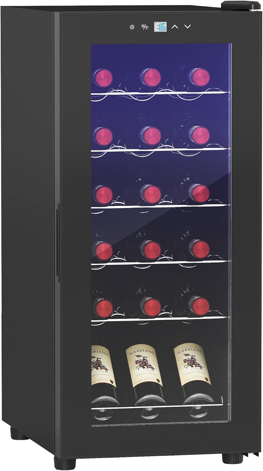HOMCOM Wine Fridge Compressor 18 Bottles 50 L Drinks Fridge, Bottle Fridge 5-18 °C with Adjustable Shelf, Touch Screen, Glass Door, LED Lighting, Black
