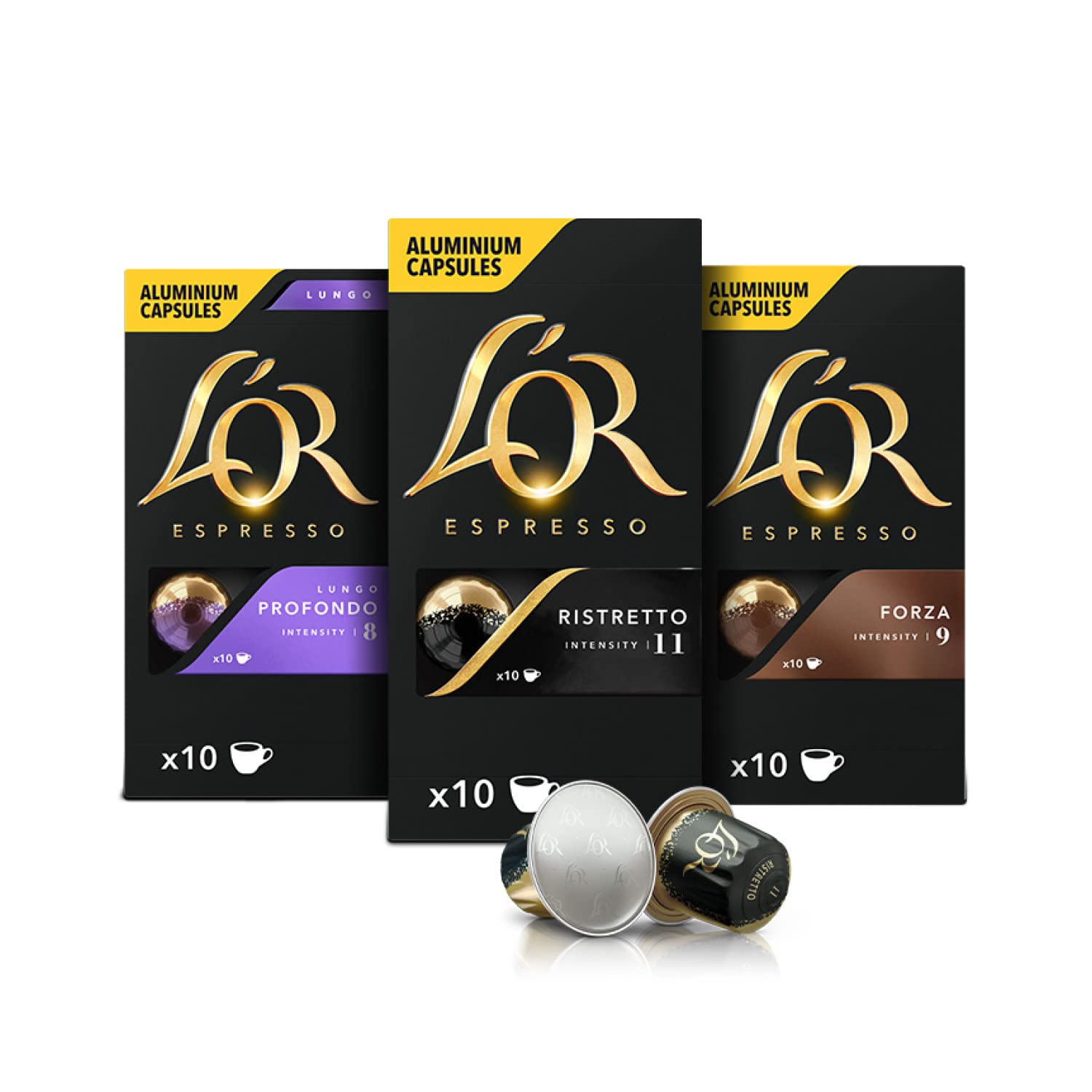 L'OR L\'OR Espresso Coffee Variety Bundle - Ristretto Intense 11, Forza 9, Lungo Profondo 8 - 3 Packs x 10 Aluminum Coffee Capsules