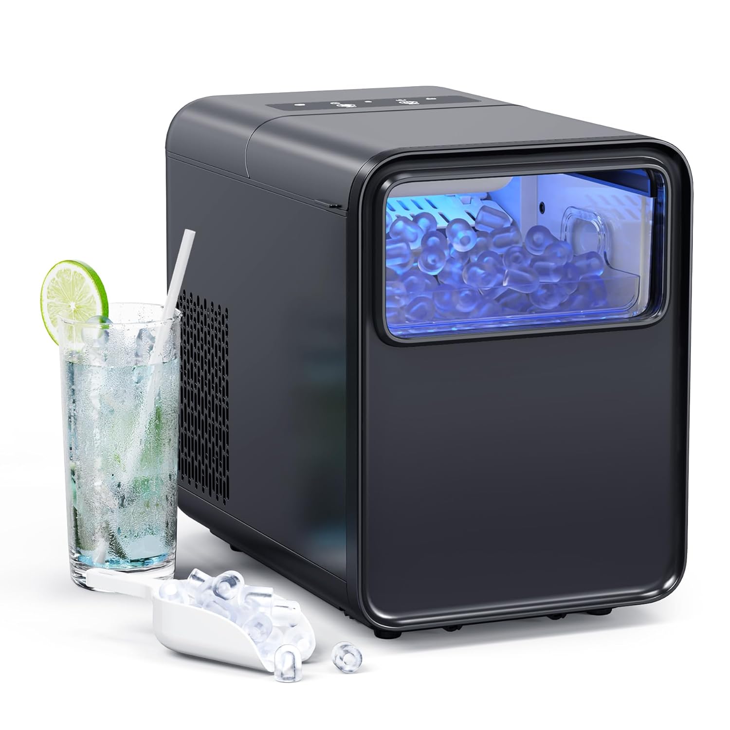 QEXREED Ice Cube Machine, Small 12 kg / 24 H, 9 Ice Cubes in 6 Minutes, Self-Cleaning Ice Maker with Ice Spoon and Basket, 2 Ice Cube Sizes for Home, Kitchen, Office, Bar, Party, Black