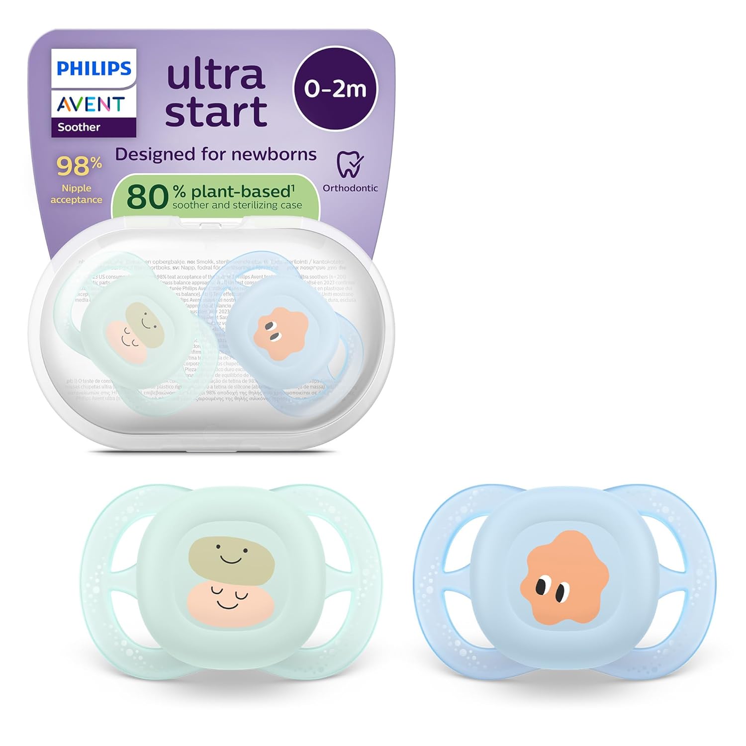 Philips AVENT Ultra Start Soother - Orthodontic Design for Newborns, Soft, Symmetrical Silicone Teat, BPA-Free, with Sterilization Container, Pack of 2, SCF075/14