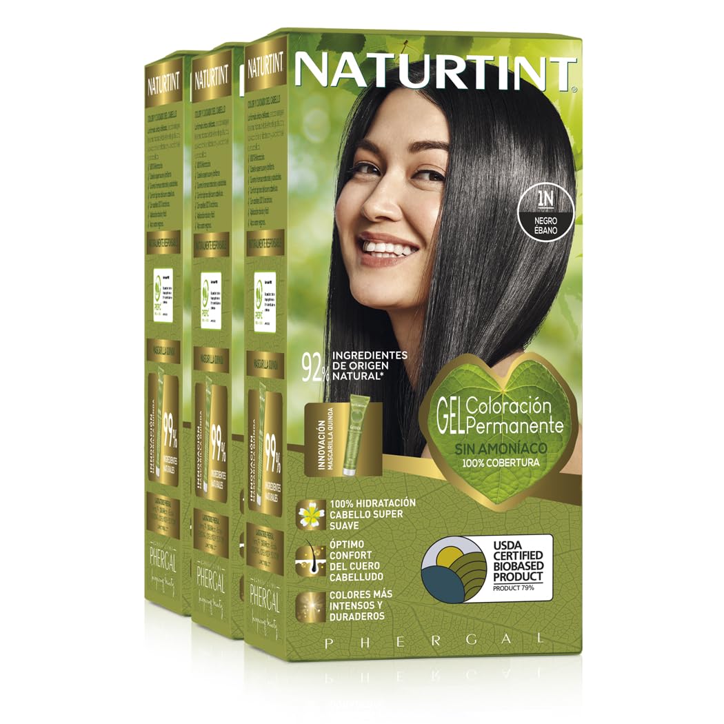 Naturtint Biobased Hair Color Without Ammonia, 1N Black, High Percentage of Natural Ingredients, Pack of 3, 510 ml