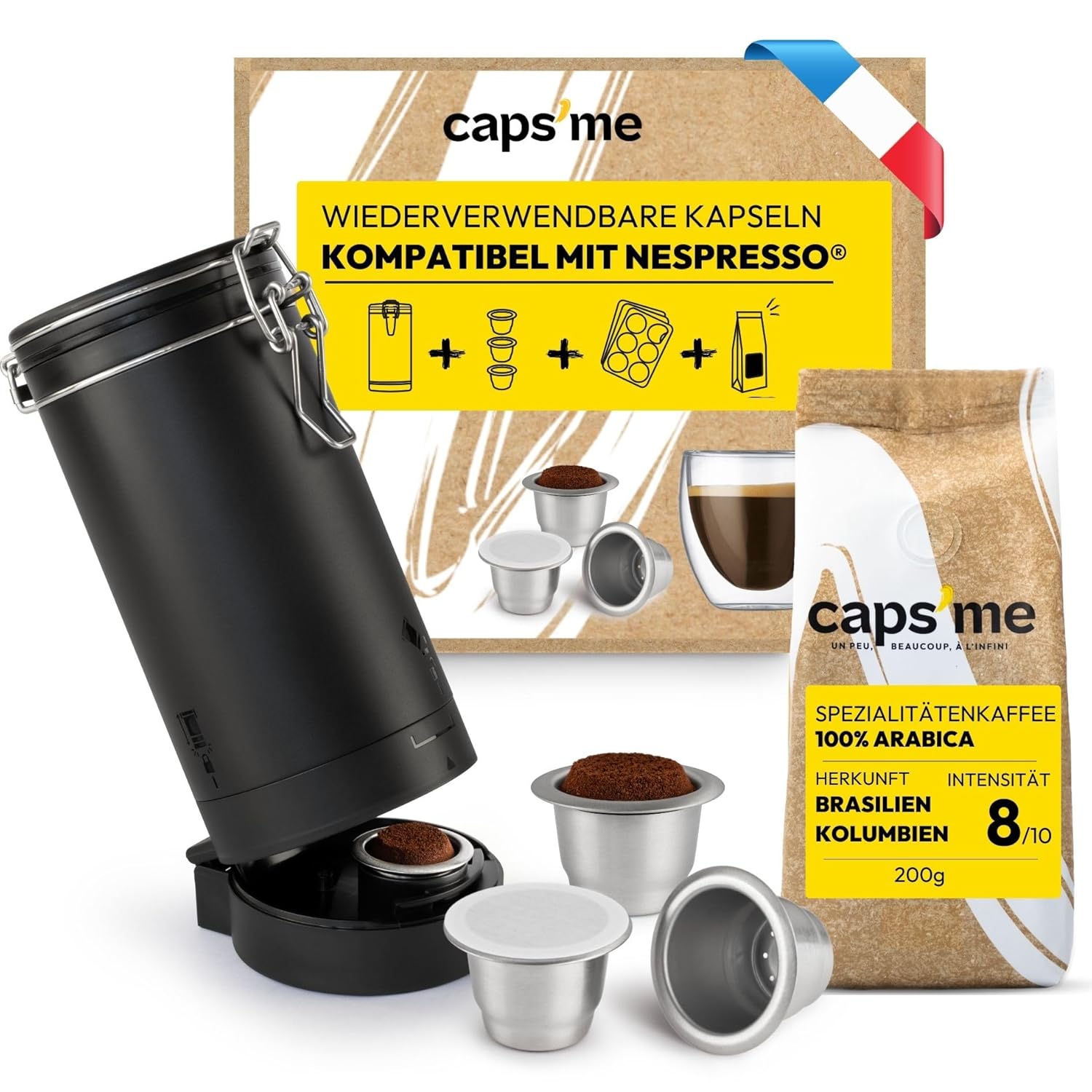 CAPS ME - Complete Set Refillable Capsules for Nespresso Original (1 Shaker + 3 Reusable Stainless Steel Capsules + 48 Paper Lids + Premium Coffee) - Economical and Environmentally Friendly