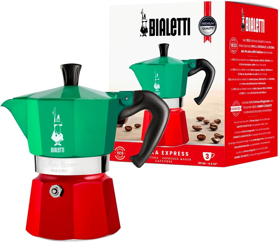 Bialetti Moka Express 5322 Espresso Maker in Aluminum, Green/Red, 30 x 20 x 15 cm