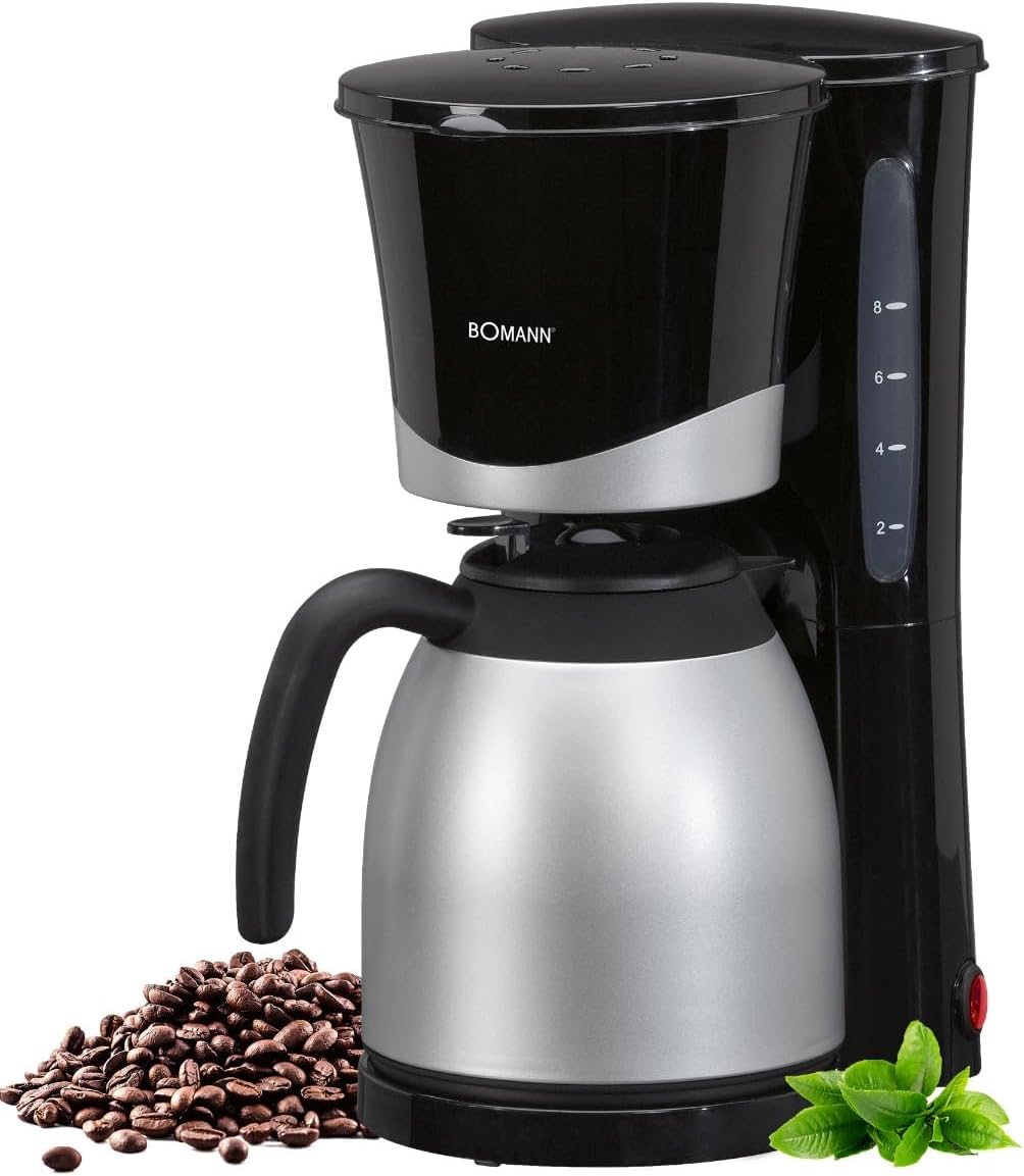 Bomann® Coffee Machine with Thermos Flask, for 8-10 Cups of Coffee, No Temperature Loss, Filter Coffee Machine, 1 Litre, Coffee Machine, Filter Coffee Machine with Thermos Flask, KA 168 Black