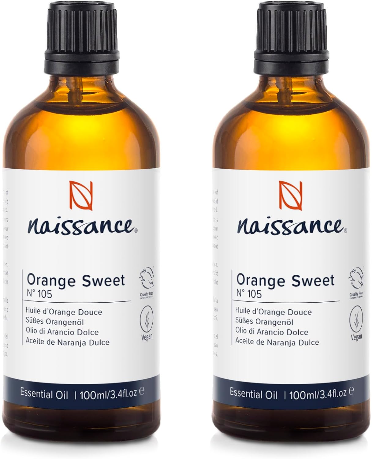 Naissance Orange Sweet Essential Oil (No. 105), 200 ml (2 x 100 ml), 100% Natural Pure Cold Pressed Sweet Orange Oil for Natural Cosmetics, Aromatherapy, Oil Burners, Aroma Diffusers