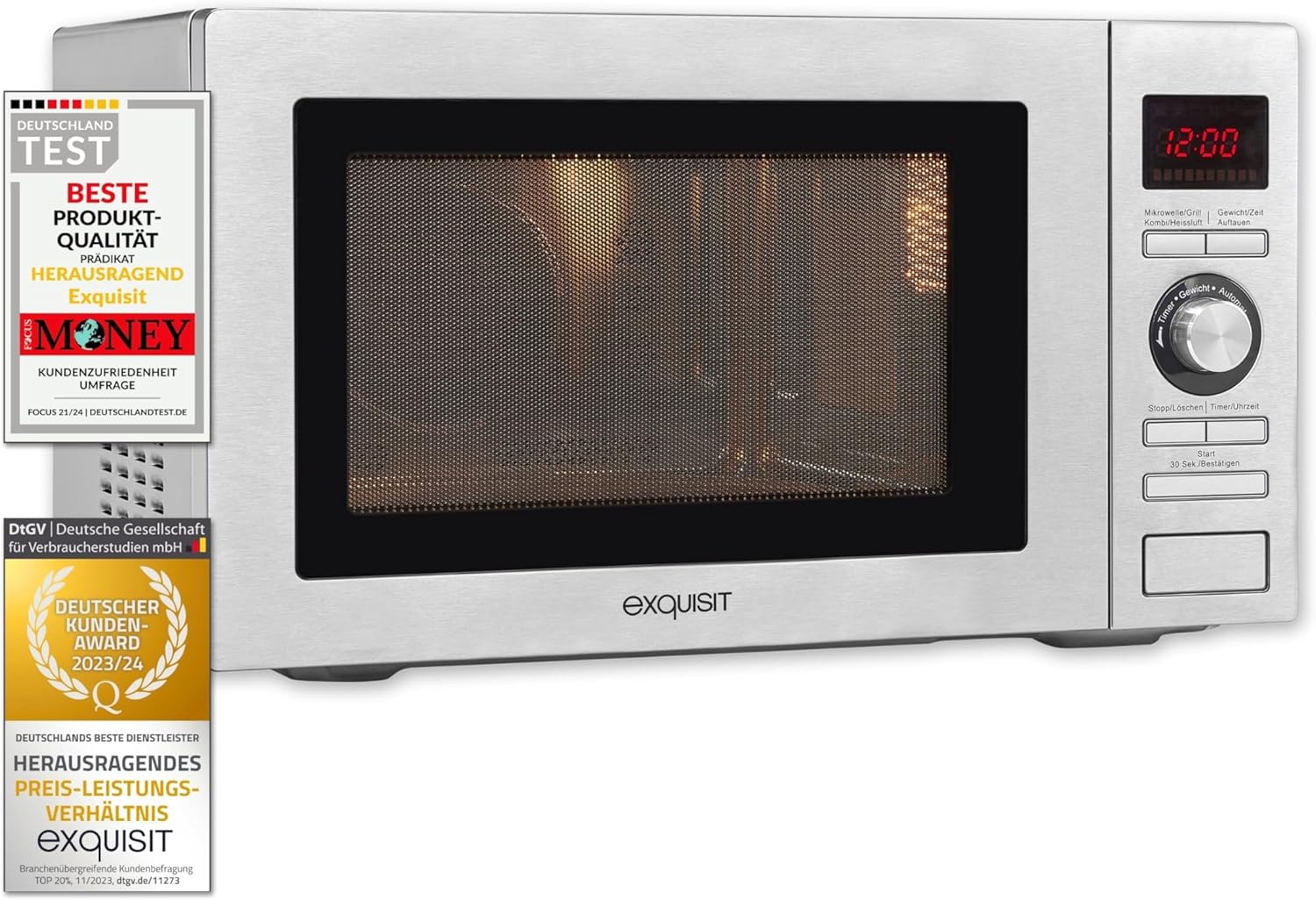 Exquisit Microwave MW 9025H-3, 900 watts, grill 1100 watts, hot air 2500 watts, 25 liters, stainless steel, stainless steel look