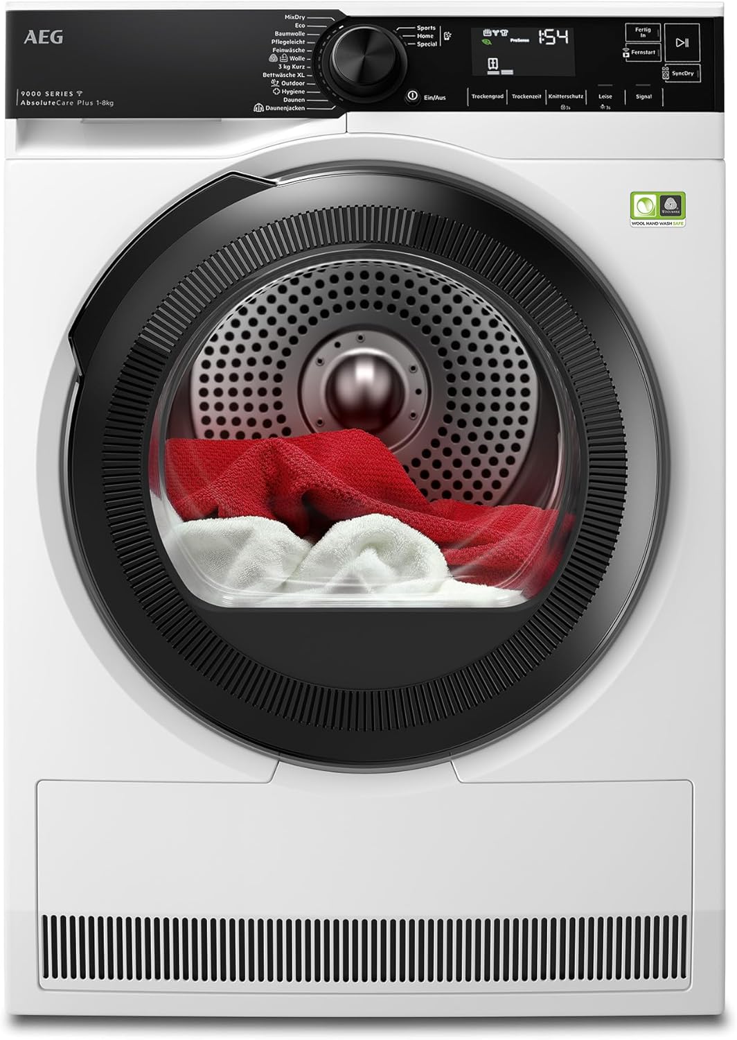 AEG WiFi Heat Pump Dryer 8 kg, Series 9000 AbsoluteCarePlus - Down Drying, 3D Scan Residual Moisture Determination, B, Energy Saving, Drum Lighting, Wrinkle Protection, Less Ironing Effort, TR9W75780
