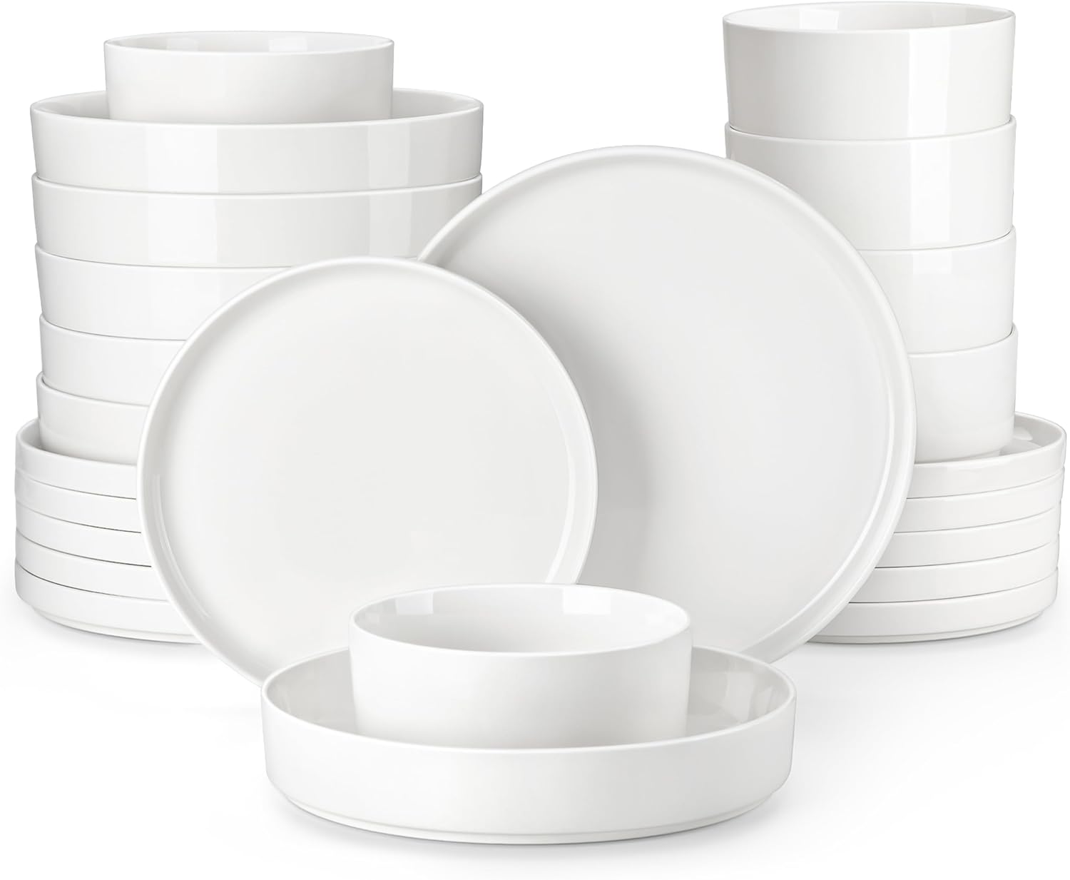 MALACASA, Leah Series Crockery Set for 6 People, 24-Piece Porcelain Dinner Service Crockery Set Cream White, Crockery Set with Standing Rim of 6 x Dinner Plates, 6 x Dessert Plates, 6 x Cereal Bowls