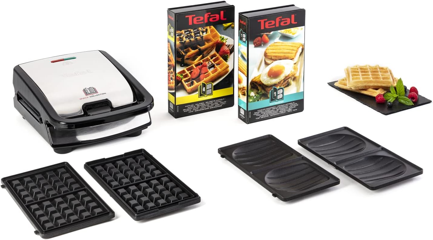 Tefal Snack Collection, Waffle Iron and Sandwiches, Expandable, Non-Stick Plates, Dishwasher Safe, Practical Storage Boxes, Black/Stainless Steel, SW853D