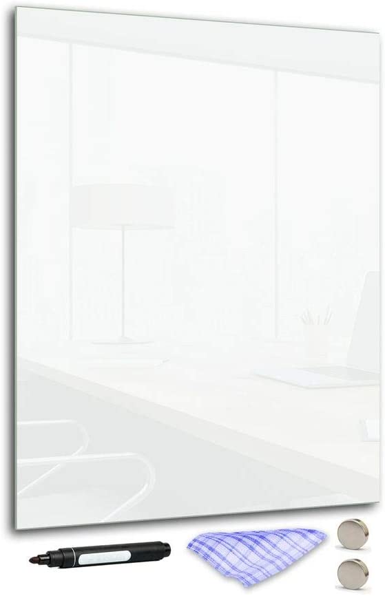 DekoGlas Decorative Glass Magnetic Board 90 x 65 cm in Various Colours with Pen, Cloth and Magnets