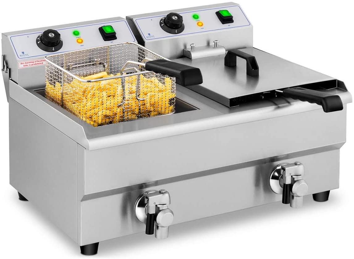 Royal Catering RCEF 10DB Stainless Steel Double Fryer (2 x 3,000 W, Capacity: 2 x 10 L, Temperature Range: 50-200 °C, Cold Zone, with Drain Taps)