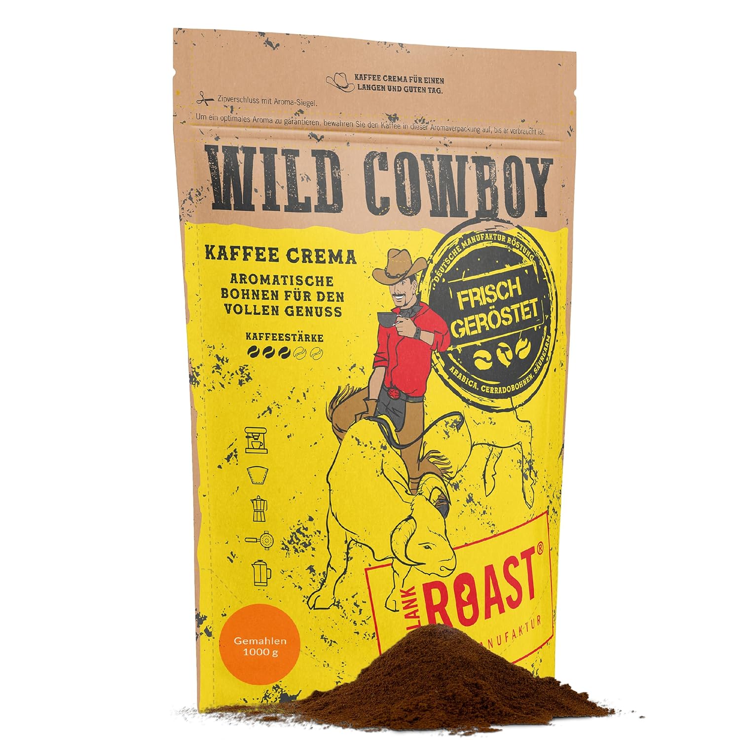 Blank Roast - Wild Cowboy Coffee - Ground for Filter - 1 kg - Roasted with Hickory Wood - Ground Coffee Beans from Brazil and Uganda - 100% Arabica Blend with Chocolate Nuances - Low Acid