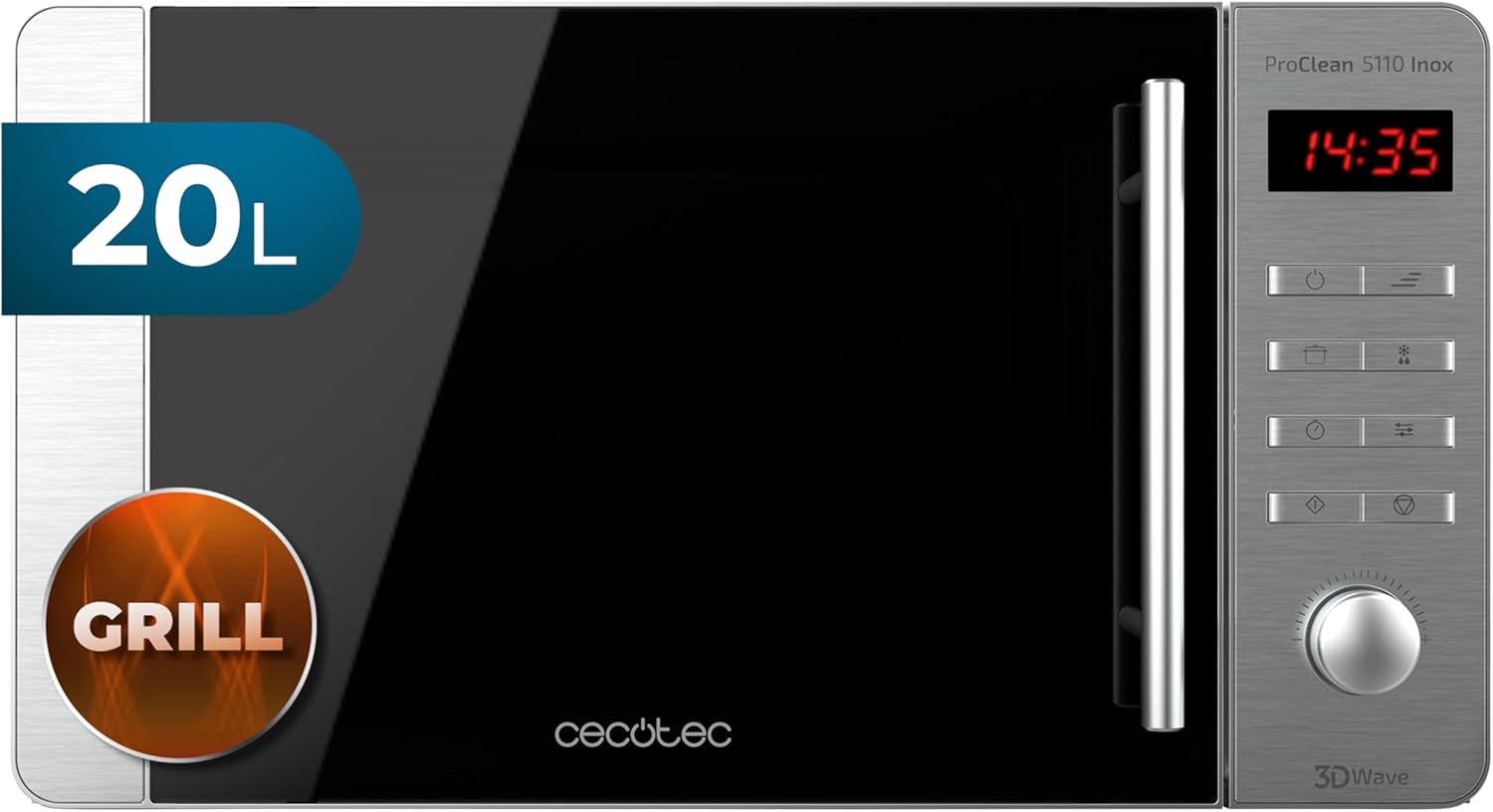 Cecotec Microwave Pro Clean 5110 Inox. 700 W, Grill 800 W, 20 L, Ready 2 Clean, Coating 3D Wave Front Mirror, 8 Programs, 60 Minute Timer, LED, Stainless Steel in Silver Black