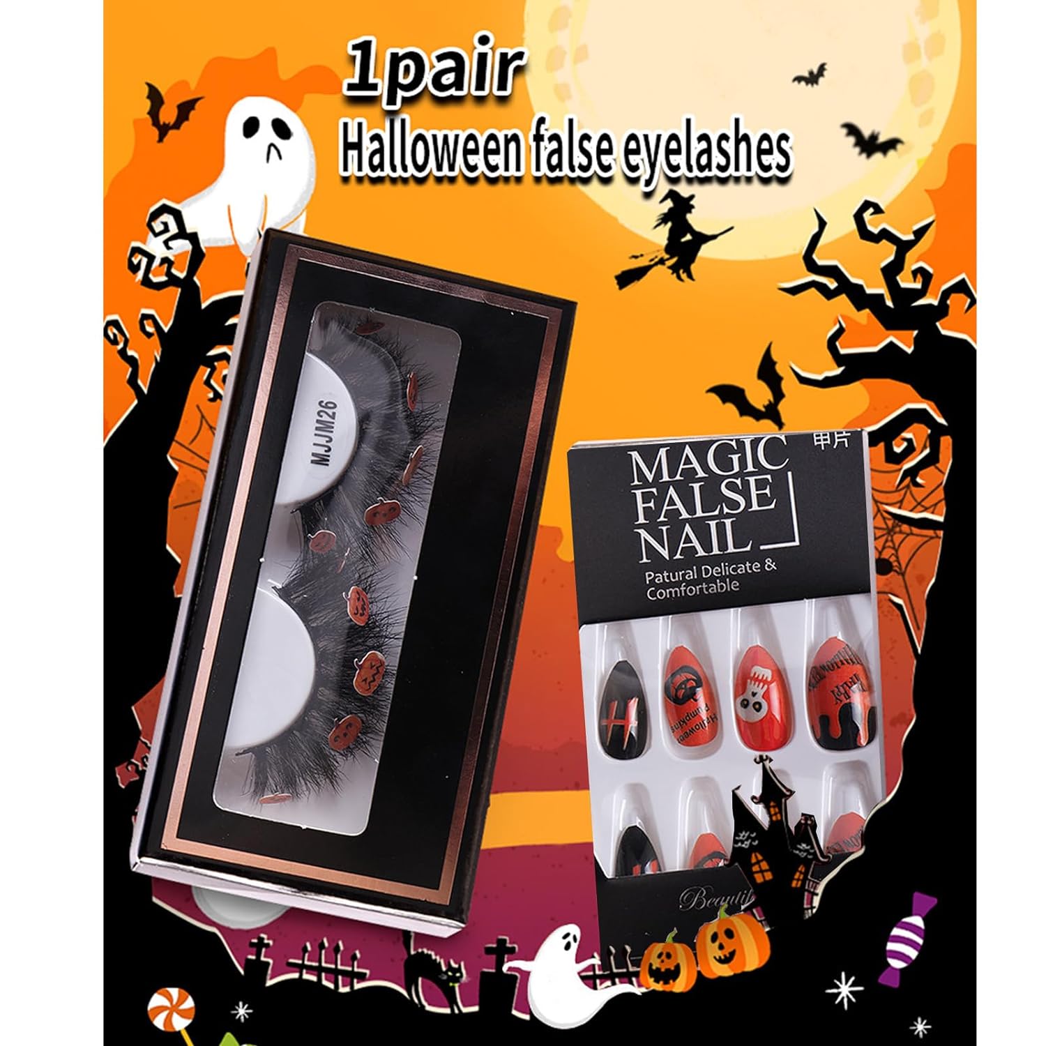 Chlffua Self-Adhesive Eyelashes Halloween and Halloween Nails Set Made of Mink Skull Print Artificial Eyelashes with Tweezers and Mascara Brush Fake Lashes Perfect for Halloween Party