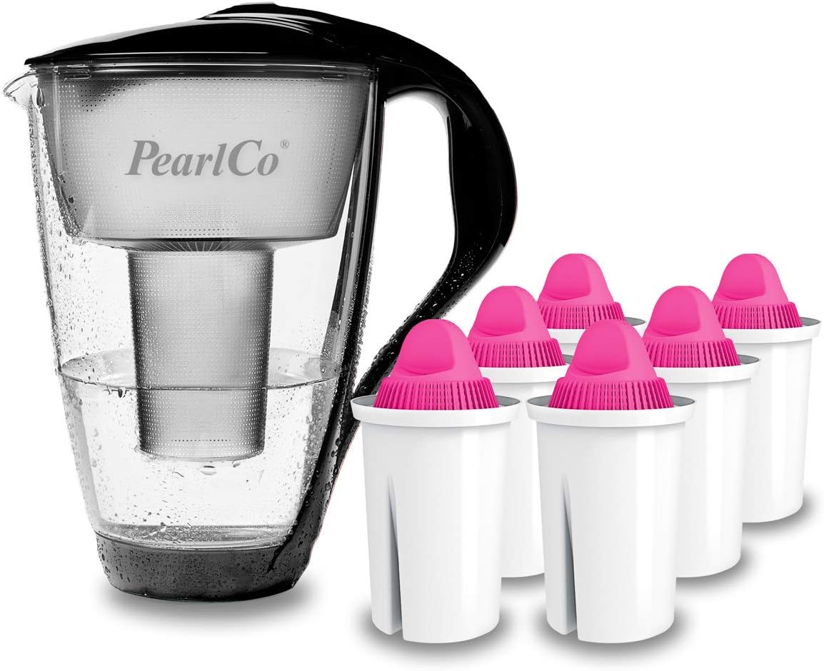 PearlCo Glass Water Filter (Black) with 6 Magnesium Classic Filter Cartridges - Made in EU
