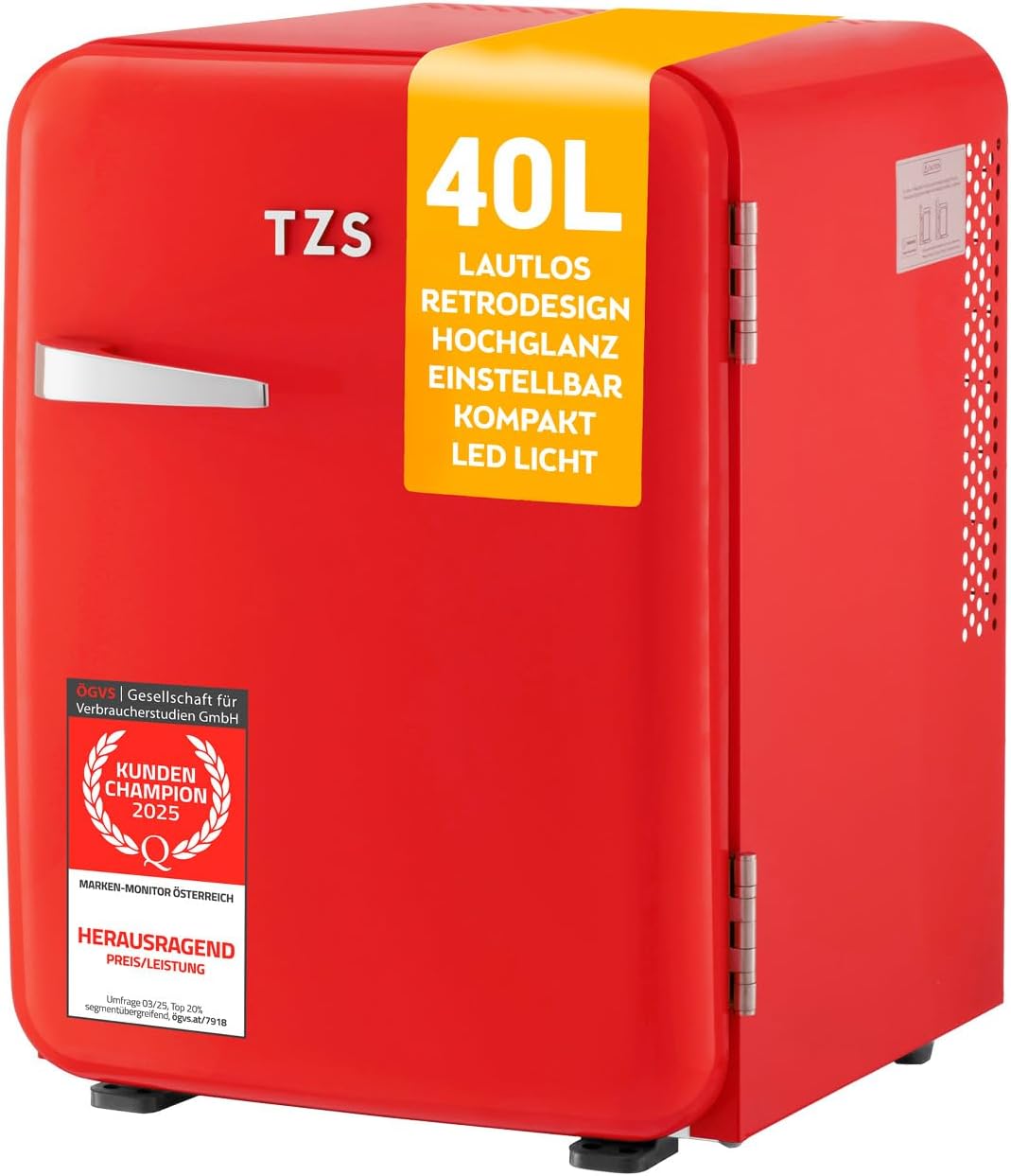 TZS First Austria - Retro Mini Fridge 40 L Silent - Small Mini Fridge in Vintage Design with Interior Lighting and 2 Door Compartments - Mini Bar for Camping, Office, Bedroom & Hotel - Red