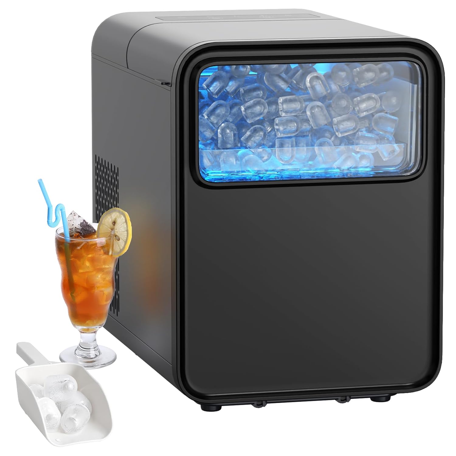 QEXREED Small Ice Cube Maker, 9 Cubes Ready in 6 Minutes, with Portable Handle and Basket, 2 Ice Cube Sizes, 12 kg/24 Hours, Self-Cleaning