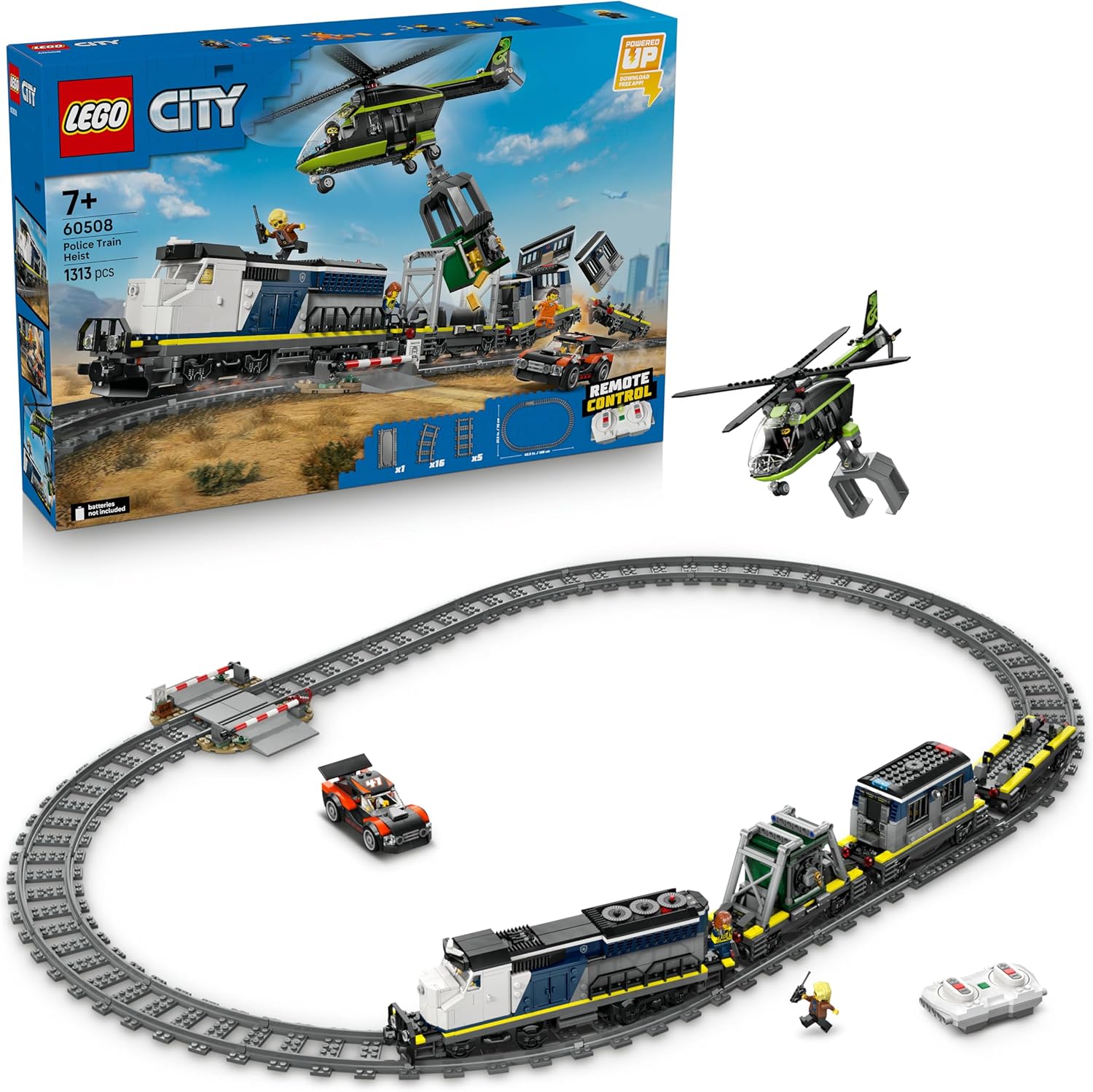 LEGO City Police Train Raid - Remote Controlled Toy Train - Model Building Set with Circular Track, Helicopter, Rally Car, 6 Minifigures - Gift for Boys Ages 7 and Up - 60508