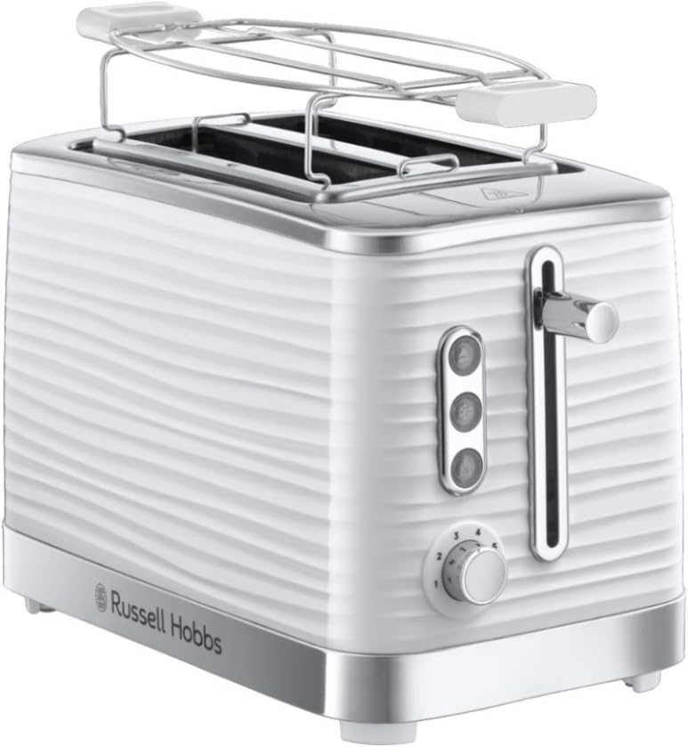Russell Hobbs Inspire White 24370-56 Toaster, High-Gloss Plastic, Lift and Look Function, Up to 6 Adjustable Toasting Levels, Extra Wide Toast Slots, Bread Roll Attachment, White