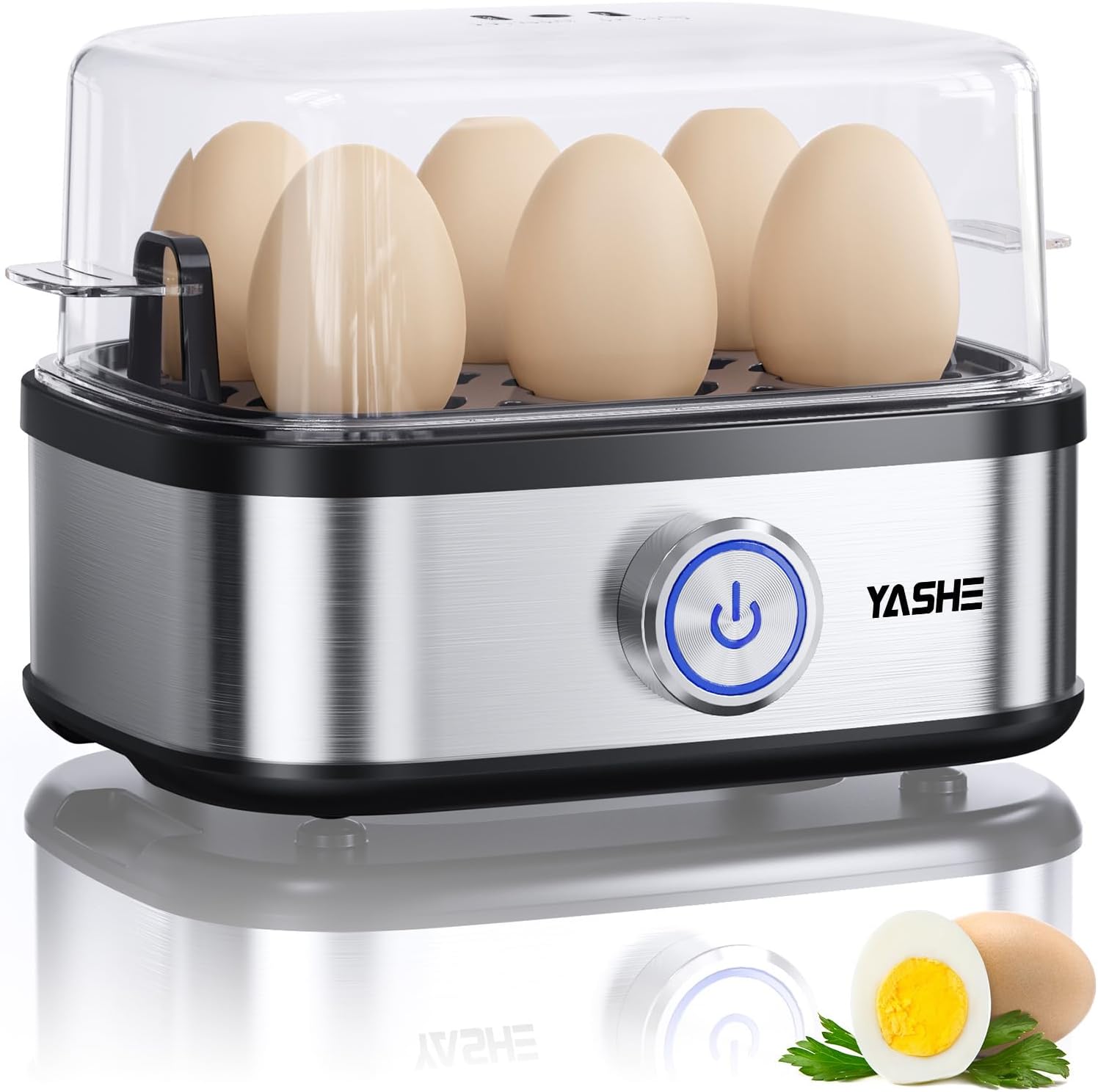 YASHE Egg Cooker Stainless Steel, 400 W Compact Egg Cooker, Multifunctional, 6 Eggs Easy to Pell, Soft, Medium, Hard Boiled, Egg Cup, Omelette Maker, Steamer, Beep, Indicator Light