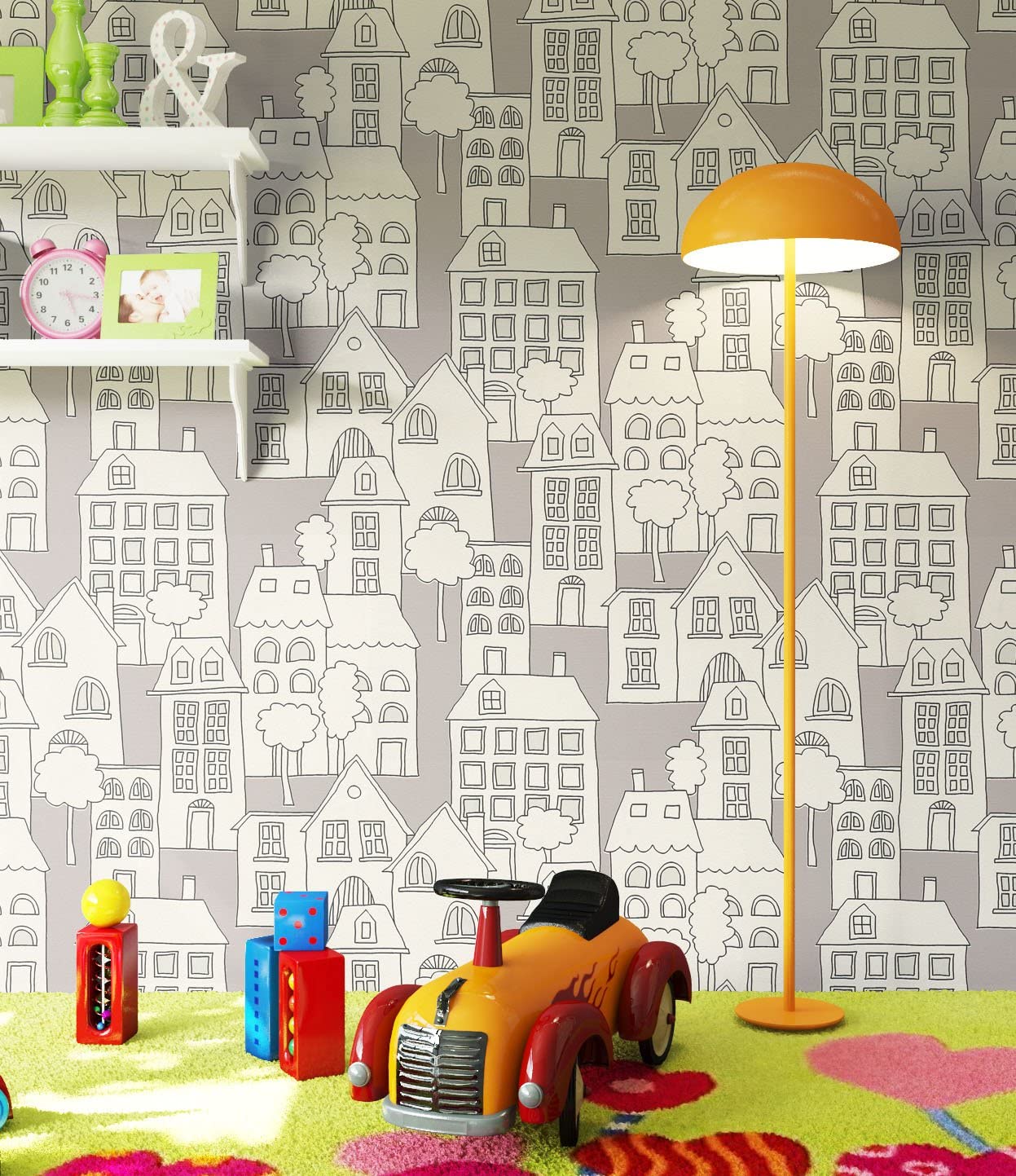 Newroom Design Newroom children\'s wallpaper, grey, non-woven wallpaper, beige, children\'s houses, beautiful modern and elegant look for babies, boys or girls, including wallpaper guide