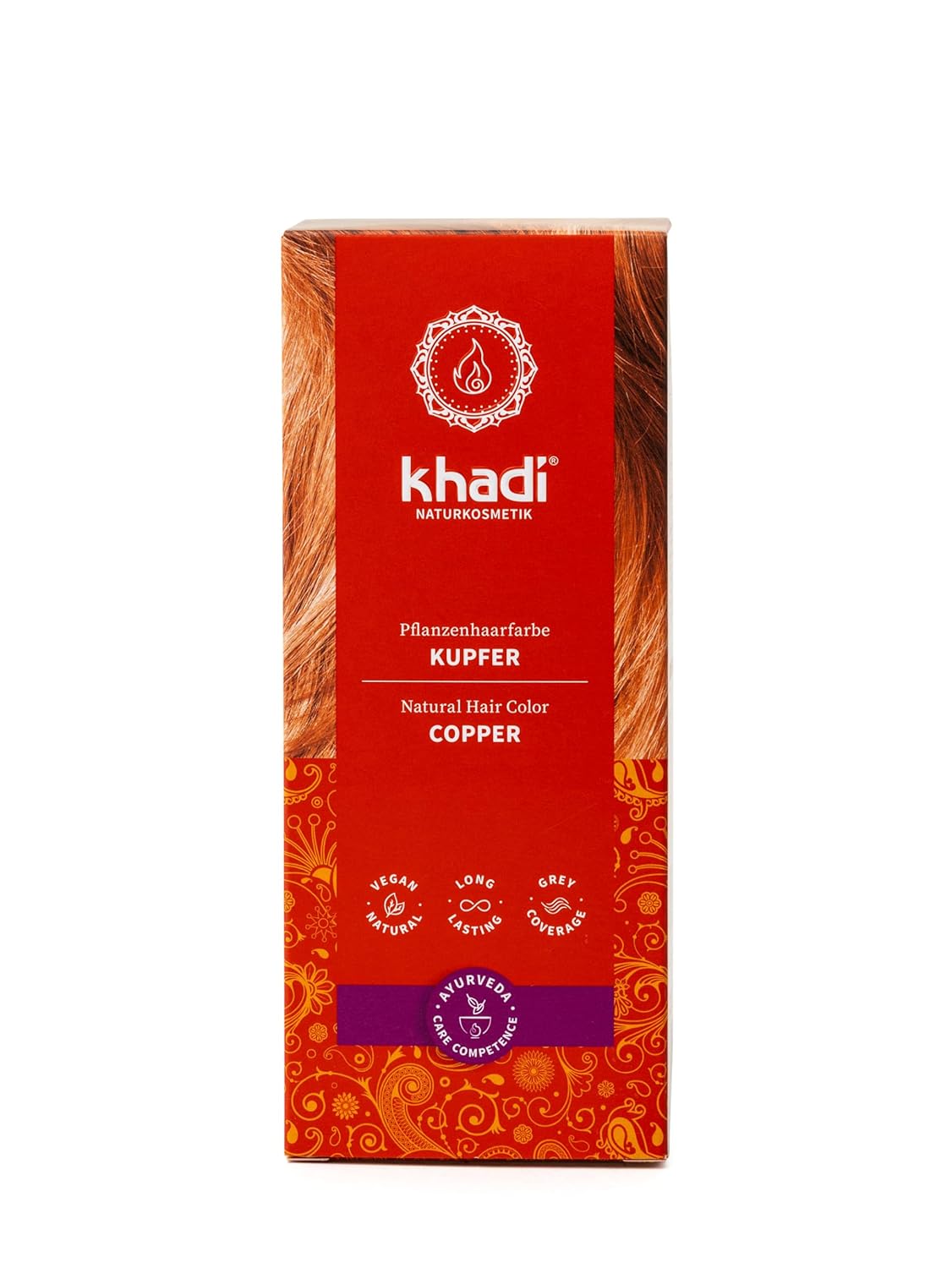 Khadi Plant-Based Hair Color, Copper Gold, Hair Color for Copper Gold to Copper Red, Natural Hair Color, 100% Vegetable, Natural & Vegan, Natural Cosmetics, 100 g