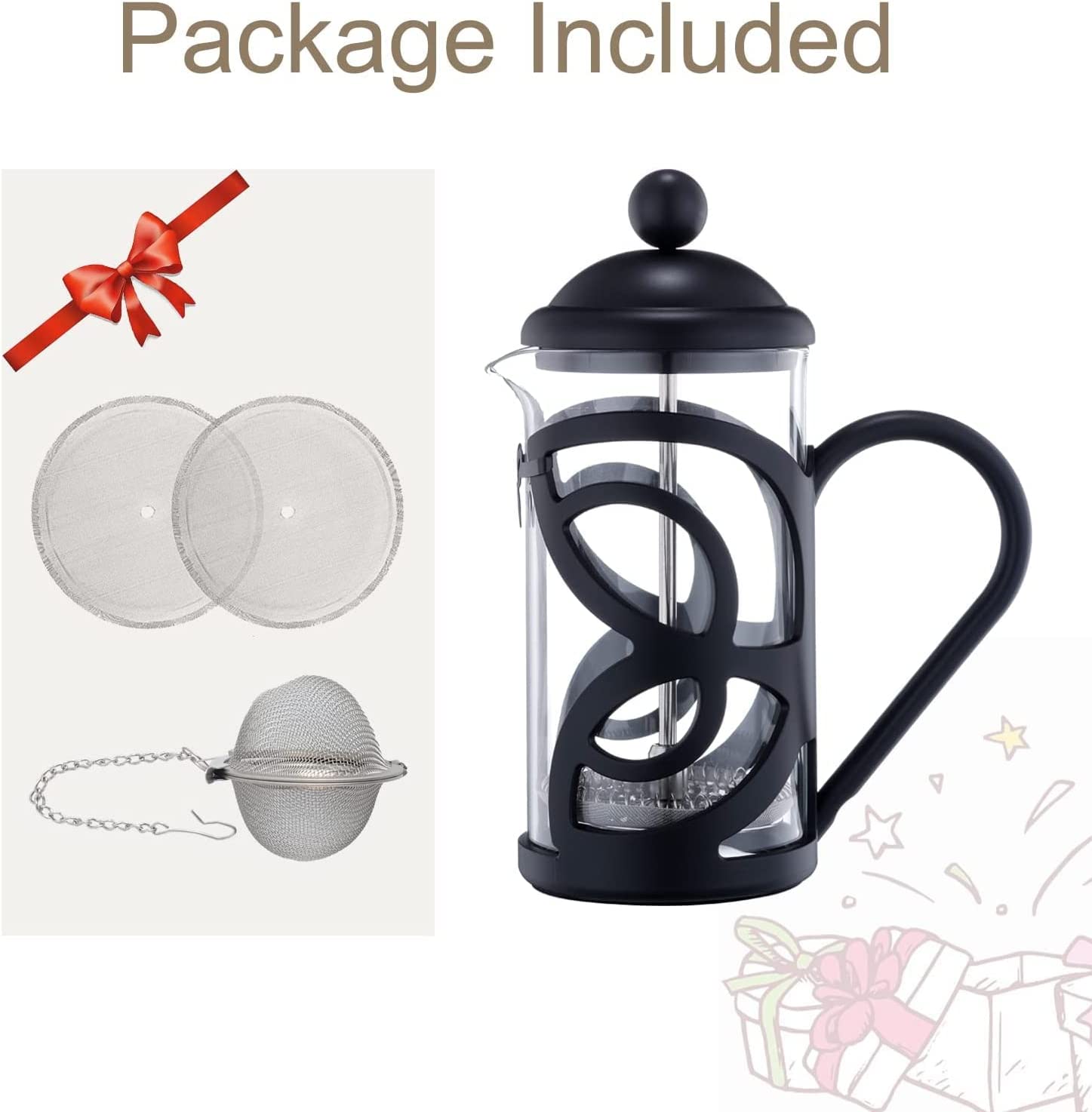 MeelioCafe French Press Coffee Press 0.35 Litres (2 Cups), Heat-Resistant Coffee Press Made of Borosilicate Glass, Small, Coffee Press Small 350 ml, Black