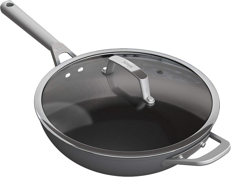 Ninja ZEROSTICK C30928UK Premium Cookware, 28 cm, Wok with Glass Lid, Durable, Non-Stick, Hard Anodized Aluminum, Induction Safe, Oven Safe to 500 F, Grey