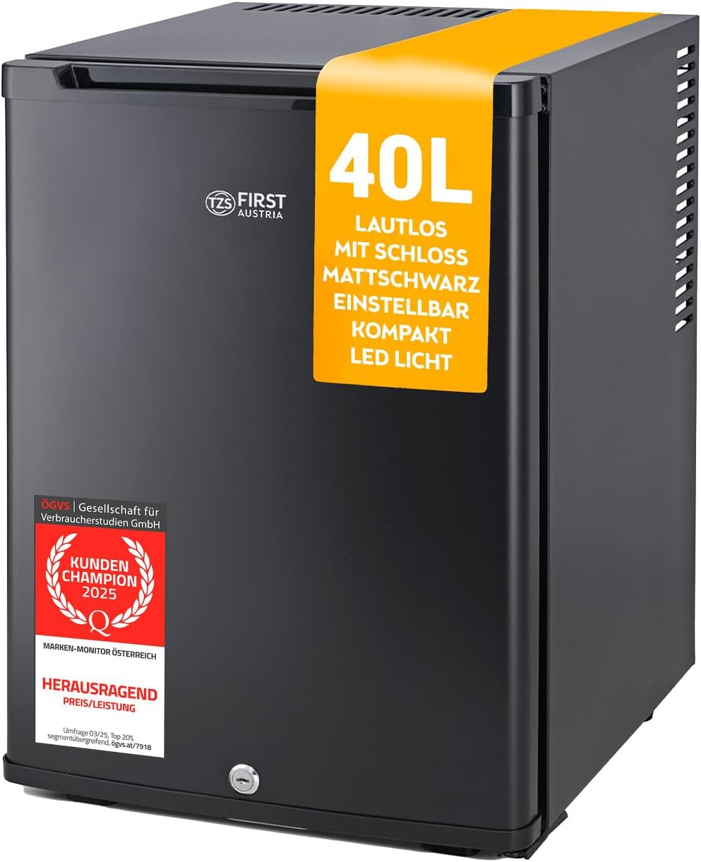 TZS First Austria - Mini fridge with lock, EEK A+, minibar, 0 dB noiseless, silent, bedroom, door hinges can be changed, approx. 4°C - 16°C, height 57cm, effective volume 35 L, interior lighting