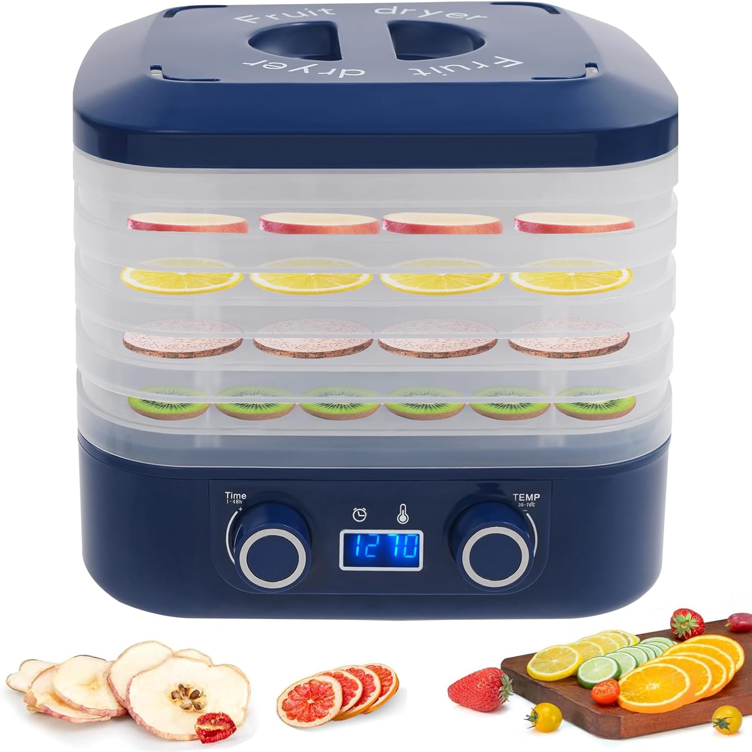 DHQCQL Dehydrator, 160 W Dehydrator with 5 Sticks, 360° Efficient Dry, 48H Timer, LED Display, 35-70°C Temperature Control, Food Dehydrator, 50 dB Freezer Dryer for Food, Meat, Vegetables, Fruits (Blue)