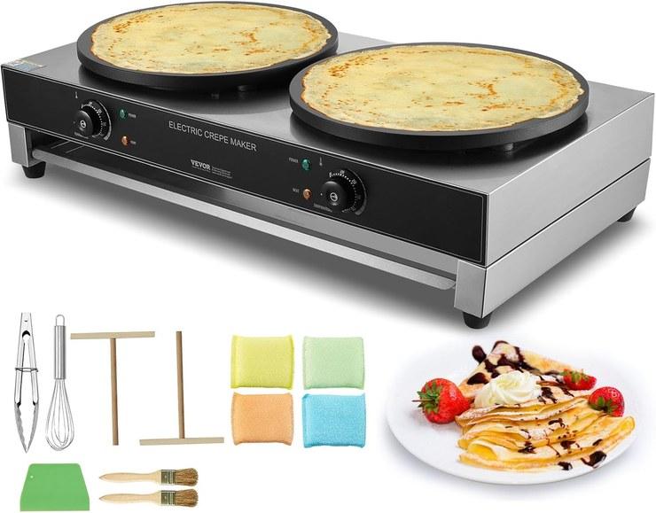 VEVOR Electric Crepe Maker Double Head 3400W Flat Crepe Griddle, Non-Stick Stainless Steel Fanncake Cooker, Round Cereal Pancake Cooker, Temperature Control