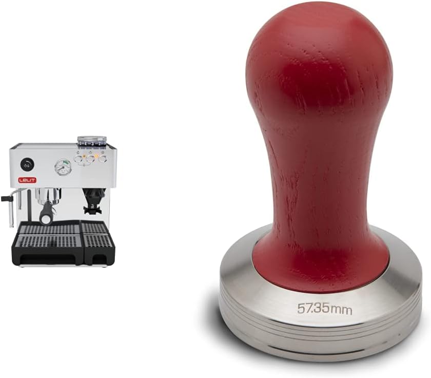Lelit Anita PL042EM Prosumer Coffee Machine with Grinder & PLA471R Tamper for LELIT57 Filter, Stainless Steel, Red Wooden Handle