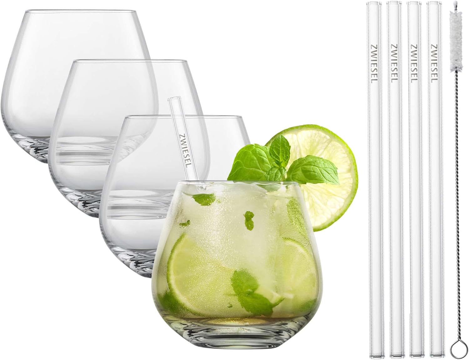 SCHOTT ZWIESEL After Work Drinks, Set of 4 Cups, 4 Glass Drinking Straws and 1 Cotton Brush, Dishwasher Safe Tritan Crystal Glasses, Made in Germany (Item No. 130015)