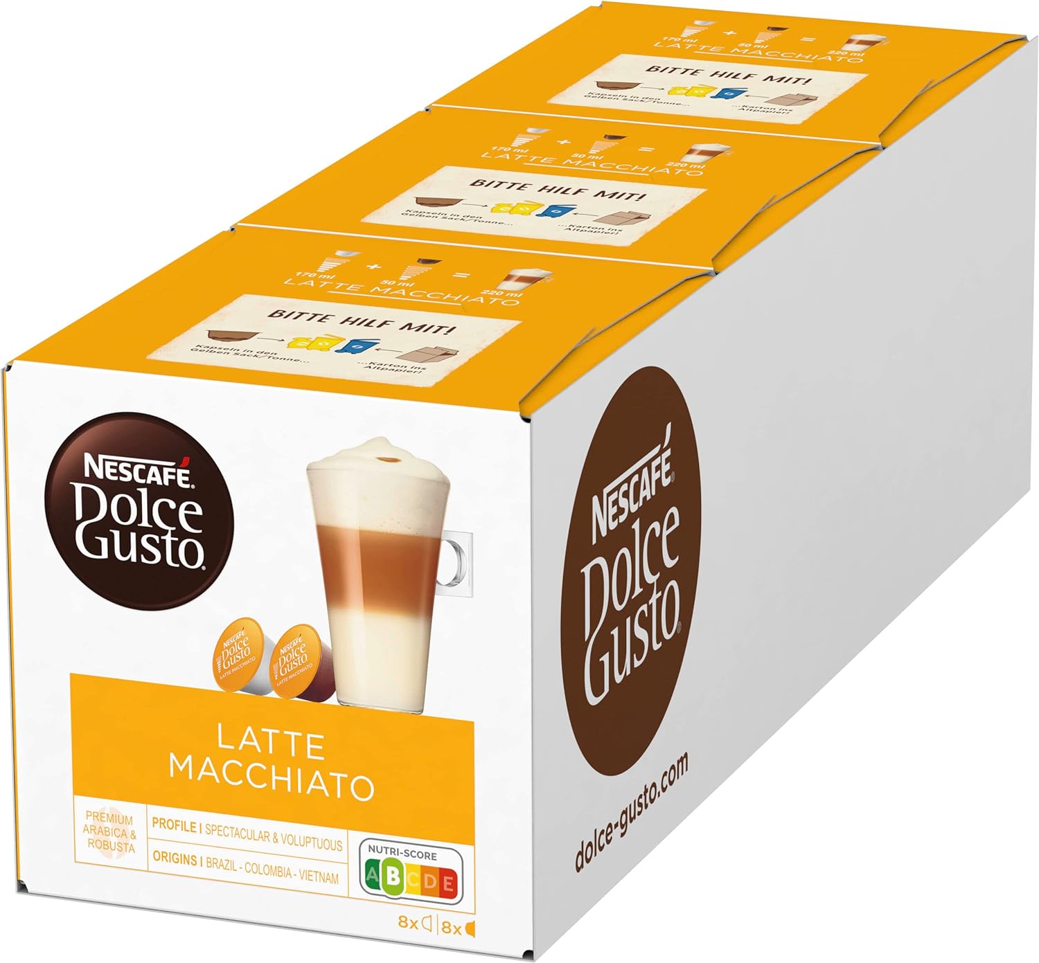 NESCAFE DOLCE GUSTO NESCAFÉ Dolce Gusto Latte Macchiato, 48 Coffee Capsules, Aromatic Espresso, 3-Layer Delicacy Made of Fine Milk Foam, Aroma Sealed Capsules, Pack of 3 (3 x 16 Capsules)