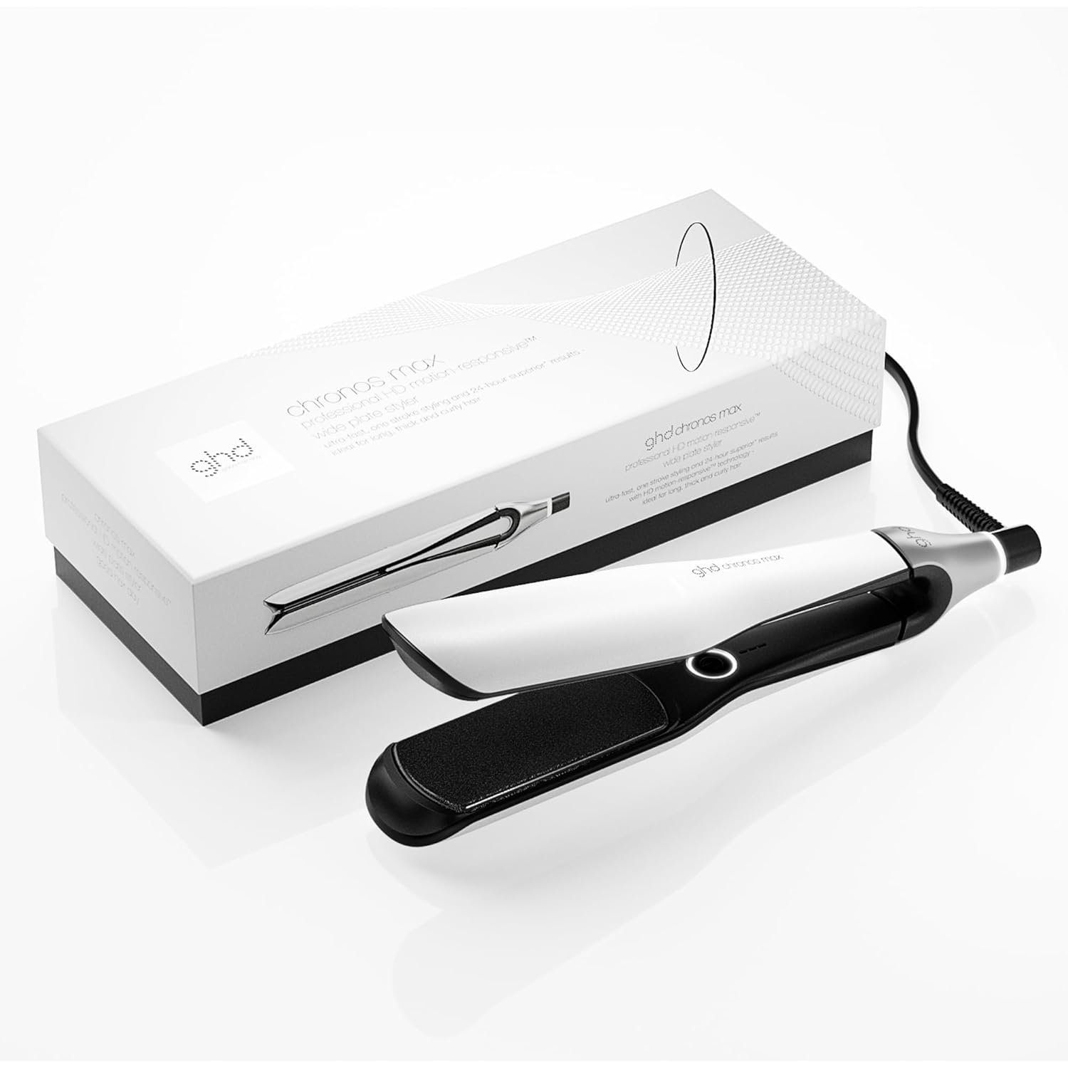 ghd Chronos Max Straightener with Wide Plates, 3x Faster Styling in One Stroke for More Shine, Less Frizz with 24 Hours Hold, No Heat Damage, Ideal for Thick and Curly Hair - White