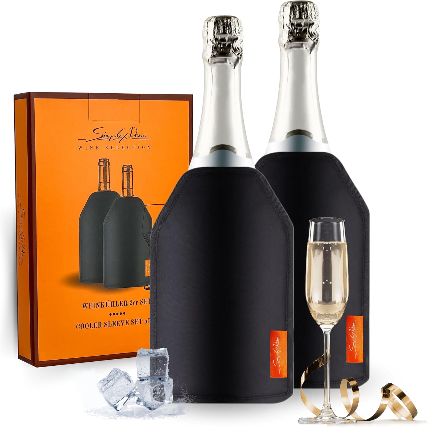 SIMPLEX DOMO Cooling Cuff Set of 2 - Extra Long Cooling, Water-Repellent Nylon - Flexible for Wine, Sparkling Wine & Champagne - Perfect for Household, Catering and Outdoor, 2 x Wine Bottle Coolers