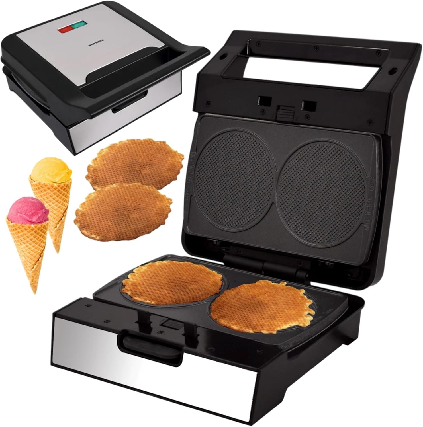 Syntrox Germany Syntrox Ice Cream Cone Maker with Removable Plates, Stainless Steel, Quick Heating, Non-Stick Coating, Various Removable Plates, Multifunctional Device