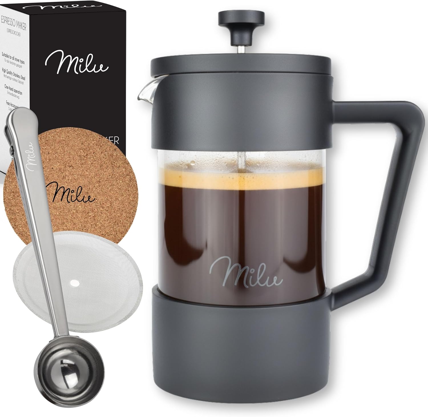 Milu French Press Coffee Maker, 350 ml, 600 ml, 1 L, Glass Coffee Press, Coffee Maker for Home, Travel, Camping, Includes Coaster, Spoon, Replacement Filter (Black, 350 ml (2 Cups)