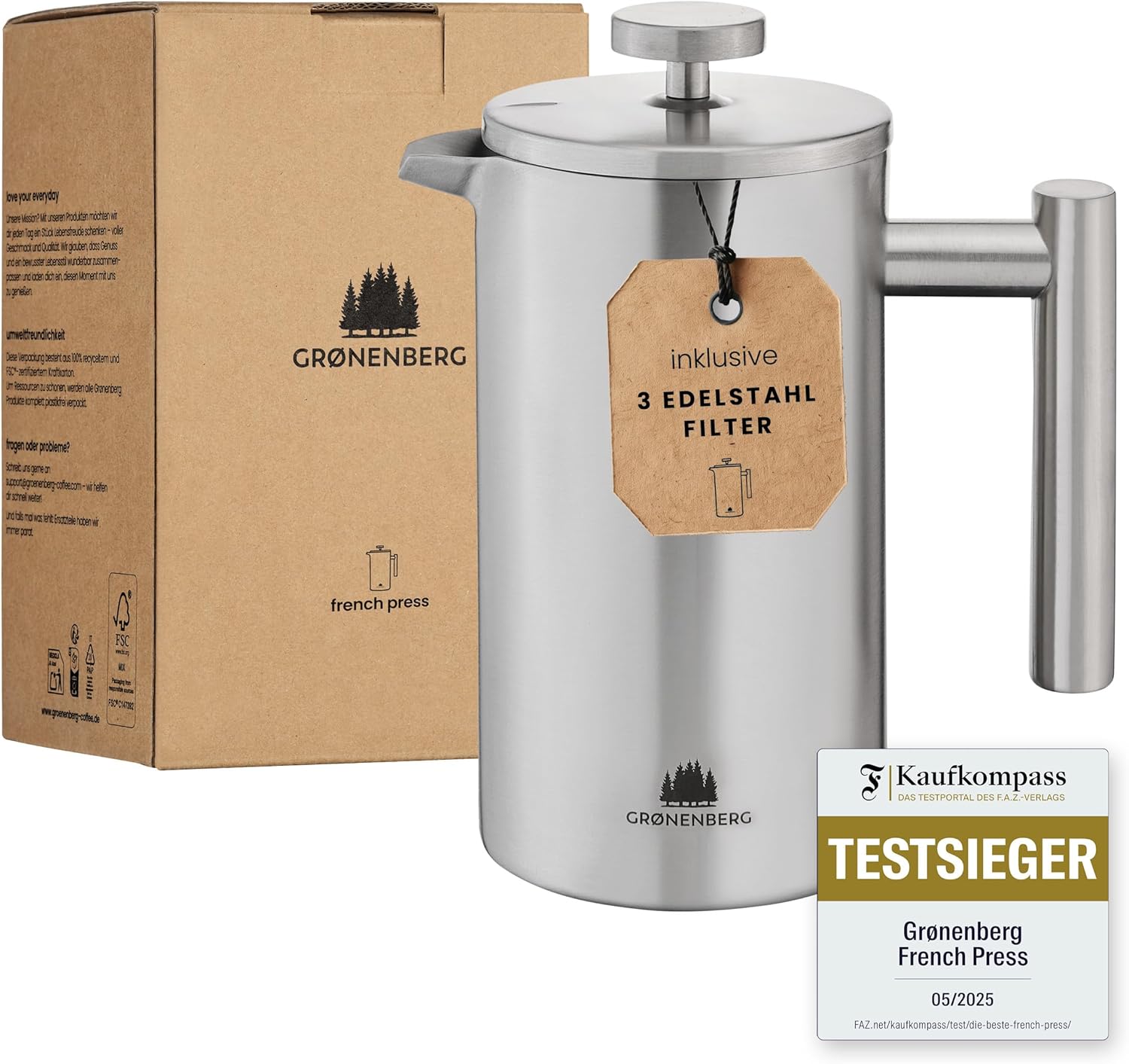 Groenenberg French Press, Stainless Steel, 0.35-1 Liter (2-5 Cups) Coffee Maker, Double-Walled Insulated, Coffee Press Incl. Replacement Filters & Step-by-Step Instructions (English Language Not Guaranteed), Coffee Press, Dishwasher Safe