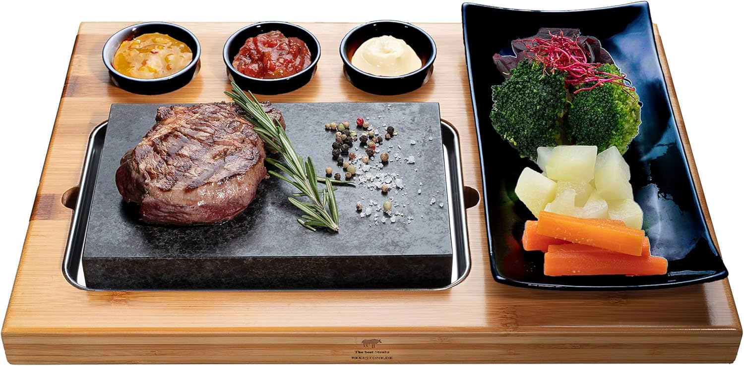 Hot Stone Lava Stone Steak Board Hot Stone Grill Set Made of Bamboo Board Lava Stone and Porcelain Plate, Meat, Fish Grilling on Hot Stone (Uno Black)