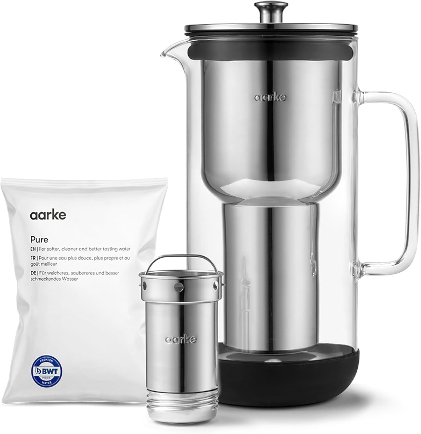 Aarke Purifier Water Filter Jug 1.2L / 5 Cups Glass & Stainless Steel - Includes Pure Filter Refill Bag
