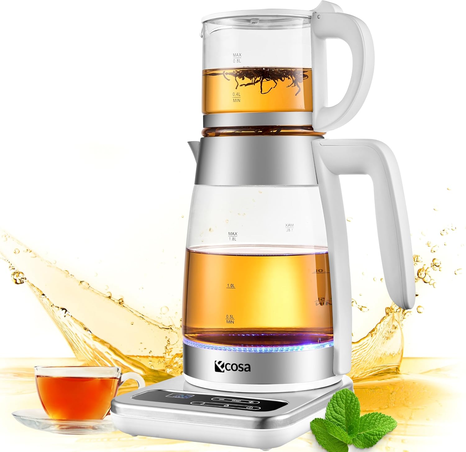 Electric Tea Maker with Temperature Setting Glass Kettle Tea Machine Warming Function with Temperature Selection BPA Free LED Lighting 360° Base 1.8 Liters + 0.8 L Capacity